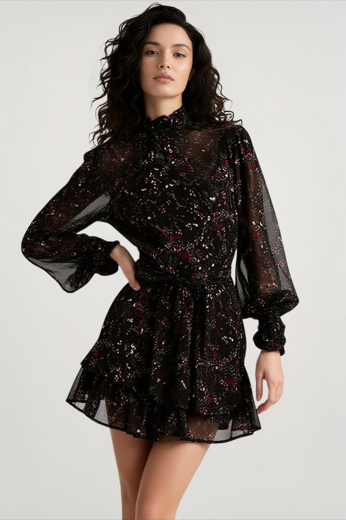 Smocked Mock Neck Blouson Sleeve Tie Waist Tiered Ruffle Mini Dress
