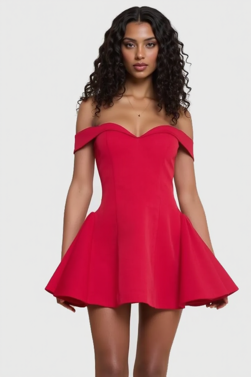 Off-Shoulder Fold-Over Band Princess Seam Fit and Flare Mini Dress