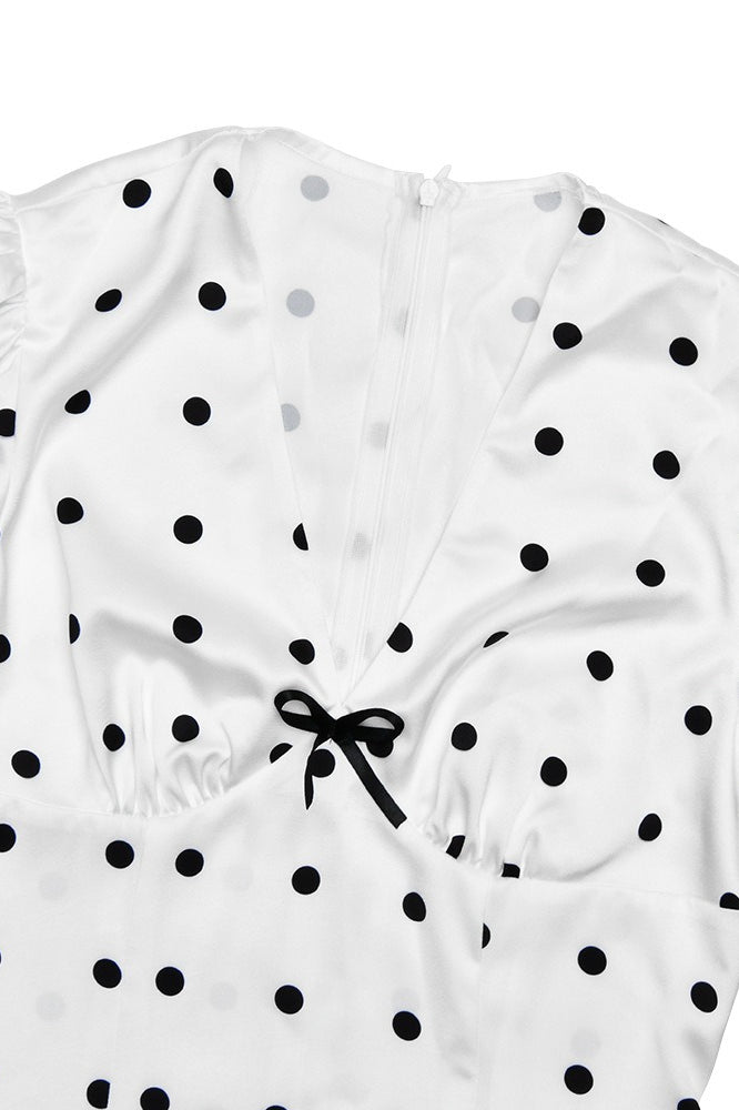 White Polka Dot V-Neck Puff Sleeve Waist Tie Bodycon Maxi Dress