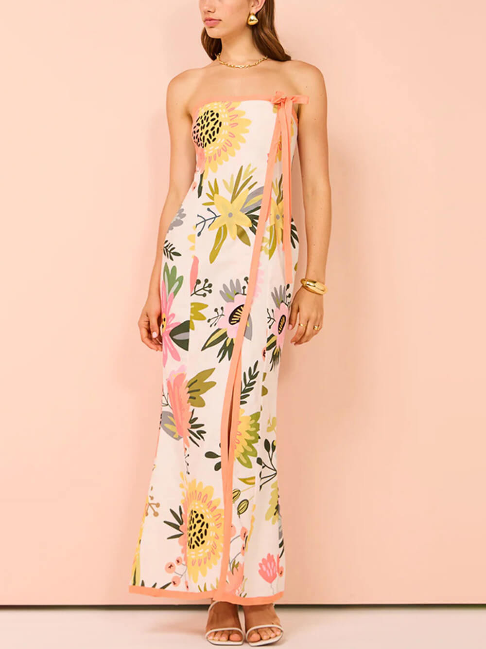 Strapless Bow Trim Floral Print Front Slit Maxi Dress