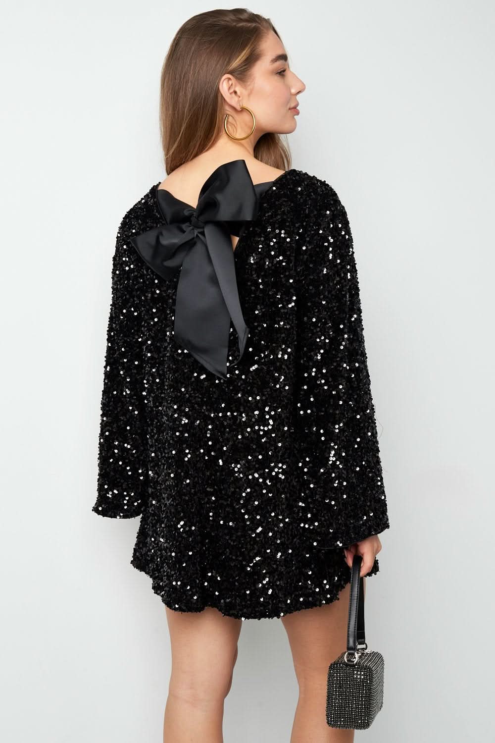 Boat Neck Sequin Embellished Bell Sleeve Shift Mini Dress