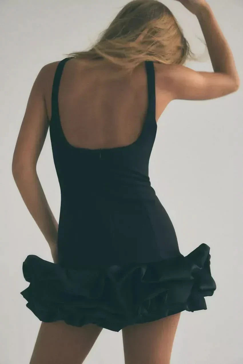 High Neck Sleeveless Oversized Ruffle Hem Mini Dress