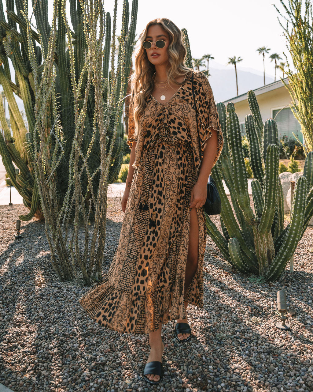 V-Neck Cape Sleeve Cinched Waist Mixed Print Side Slit Maxi Dress