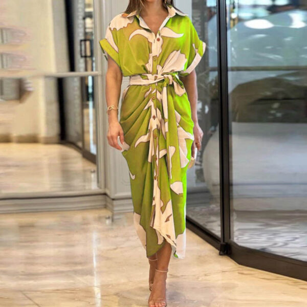 Lapel Collar Short Sleeve Tie Waist Draped Sarong Skirt Floral Midi Dress