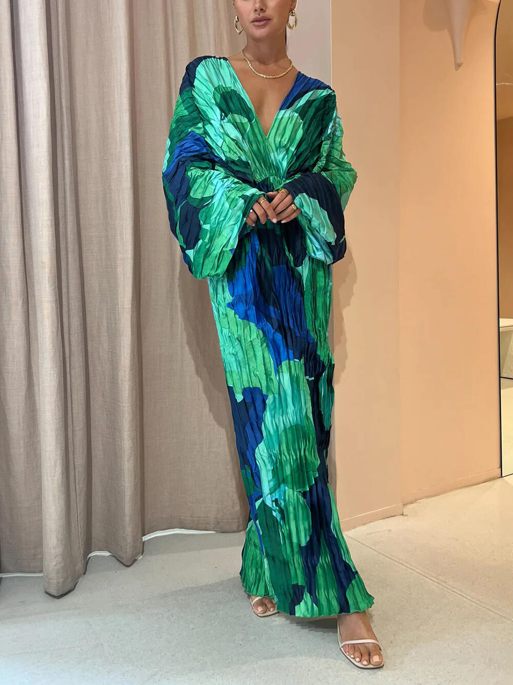 Abstract Print Deep V-Neck Balloon Sleeve High Slit Maxi Dress