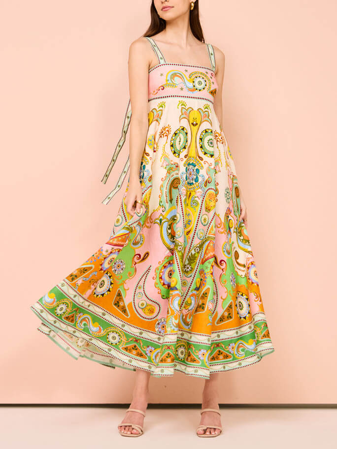 Paisley Print Square Neck Spaghetti Strap Empire Waist Flared Maxi Dress