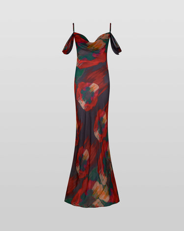 Cowl Neck Spaghetti Strap Cold Shoulder Abstract Floral Maxi Gown