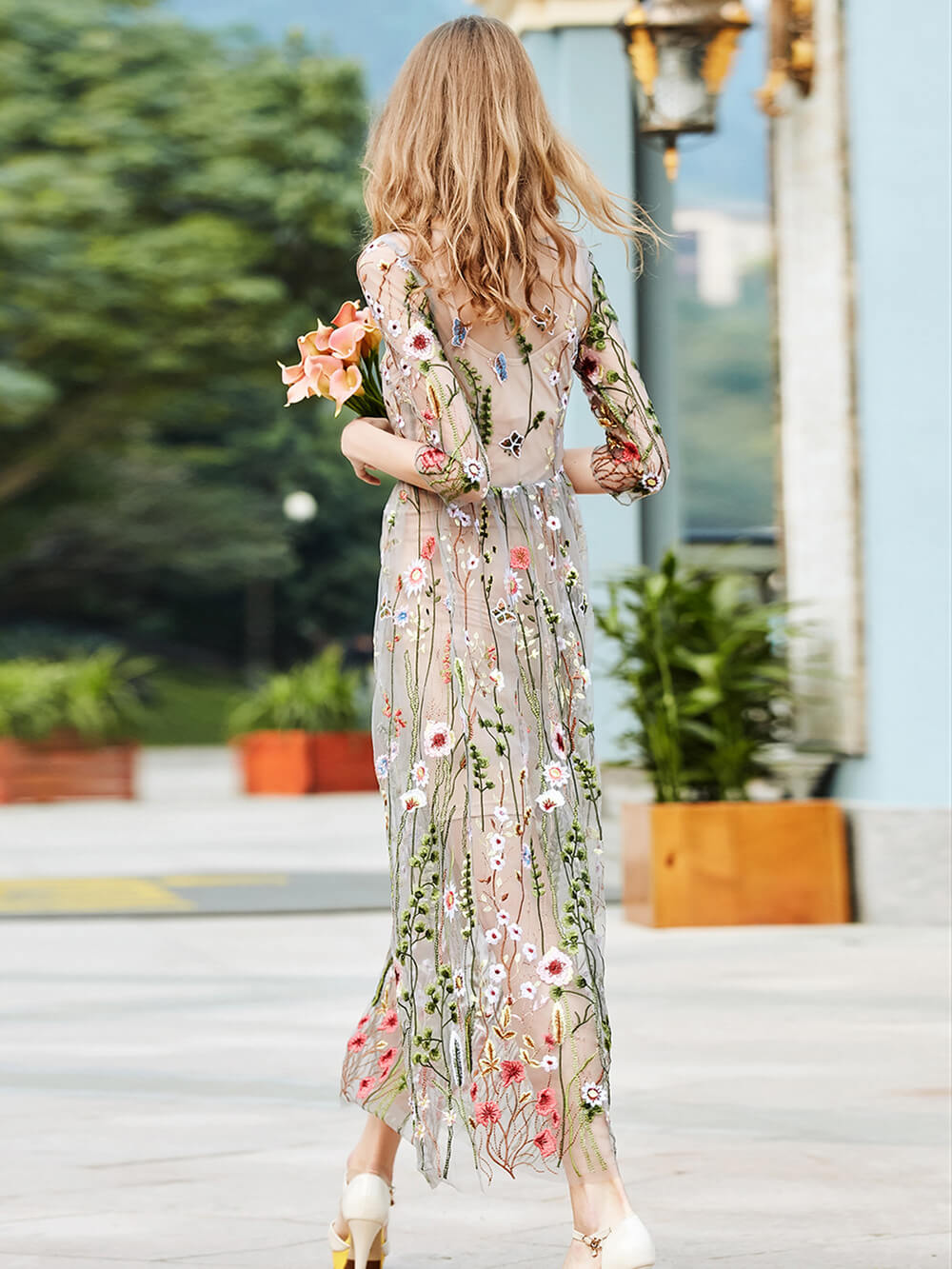 Sheer Mesh Wildflower Embroidery Three Quarter Sleeve Maxi Dress