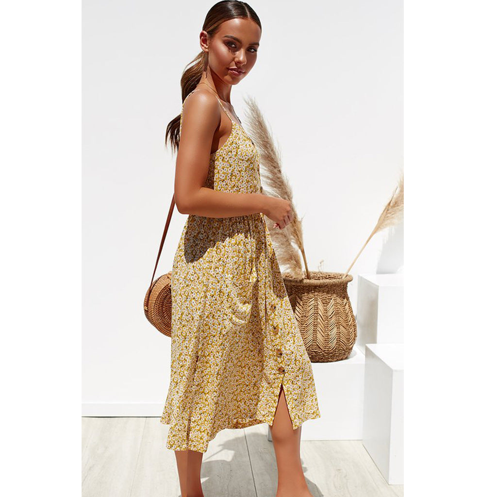 Spaghetti Strap V Neck Button Front Patch Pocket Floral Midi Dress