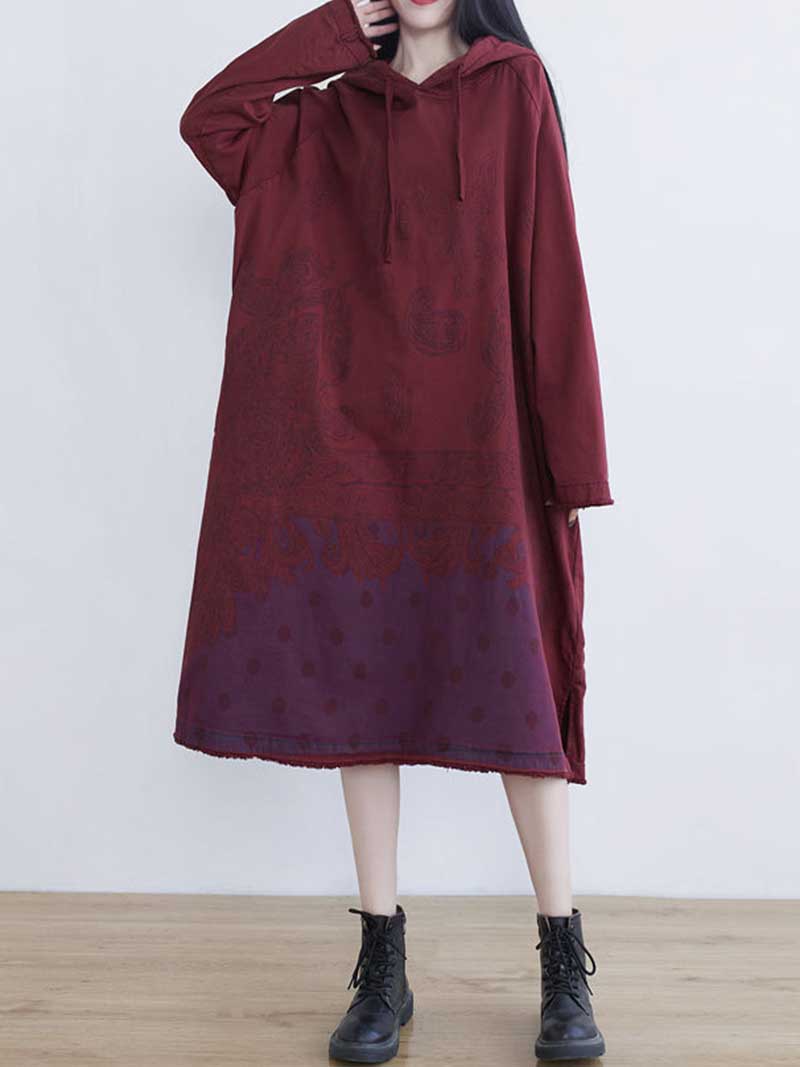 Hooded Long Sleeve Paisley Print Polka Dot Panel Midi Dress