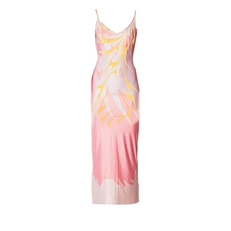 Scoop Neck Abstract Tribal Flame Print Spaghetti Strap Bodycon Maxi Dress