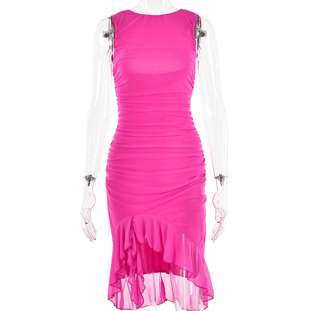 Ruched Sleeveless Ruffle Zip Up Backless Midi Dress