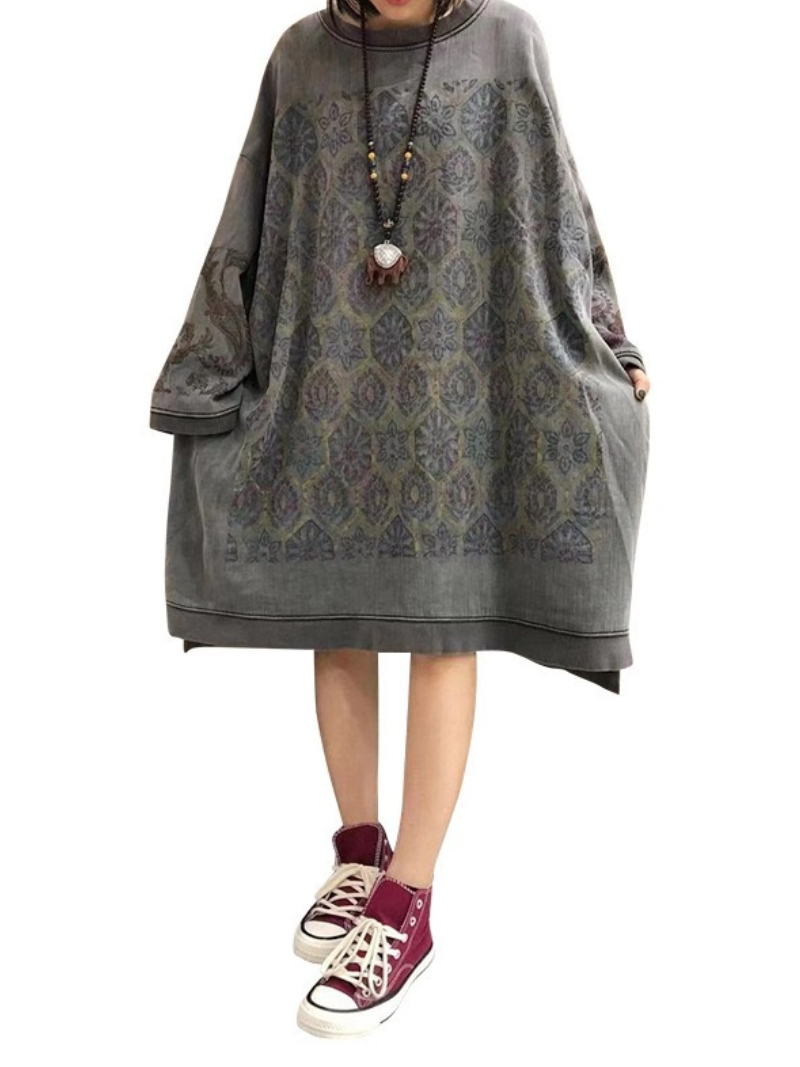 Crew Neck Medallion Print Oversized Long Sleeve Sweatshirt Dress