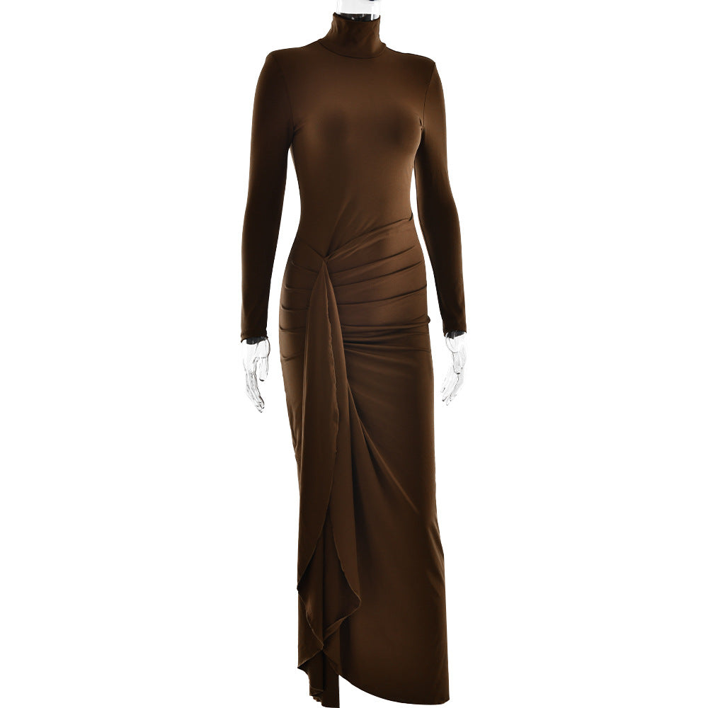 Turtleneck Long Sleeve Twisted Waist Knot High Slit Bodycon Maxi Dress