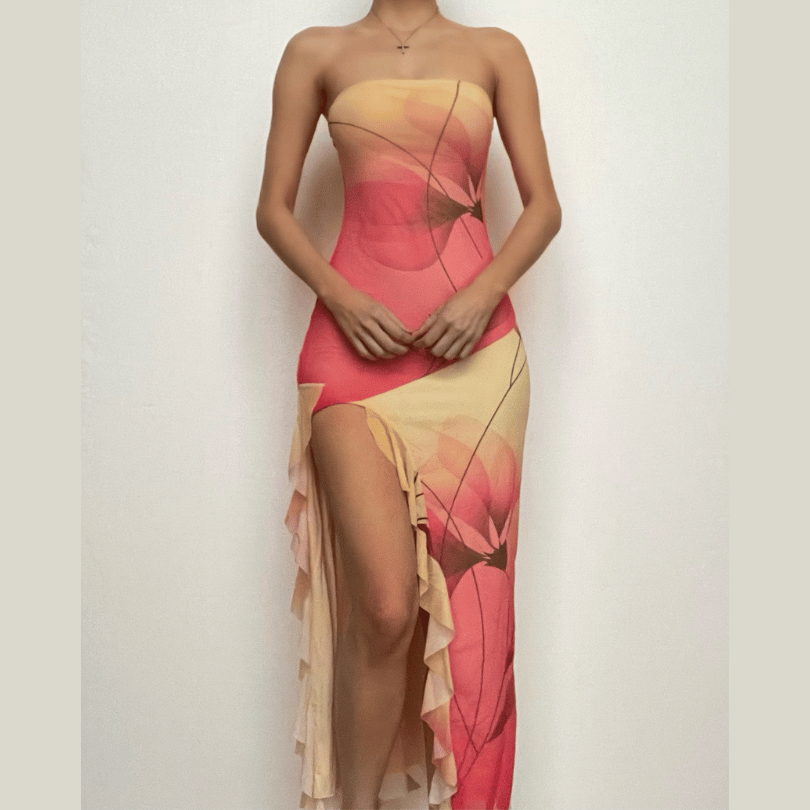 Gradient Floral Print Strapless Ruffle Trim Side Slit Maxi Dress