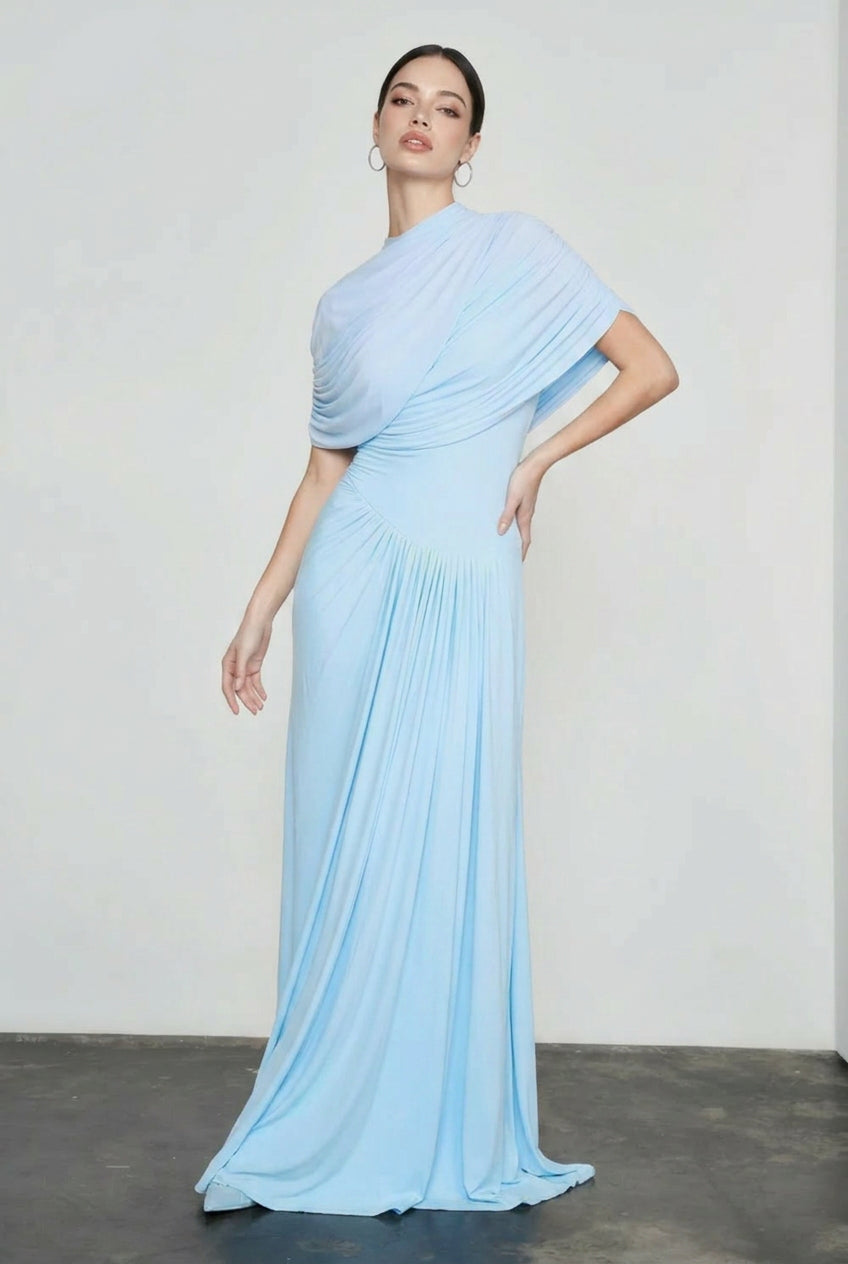 Cowl Neck Side Drape Pleated Column Maxi Dress
