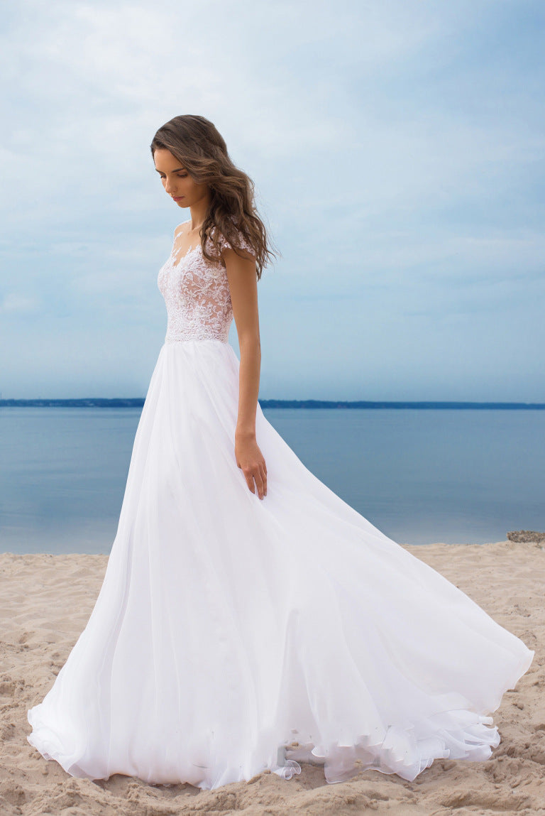 Lace Illusion Cap Sleeve Floral Applique Bodice High Slit Chiffon Maxi Gown