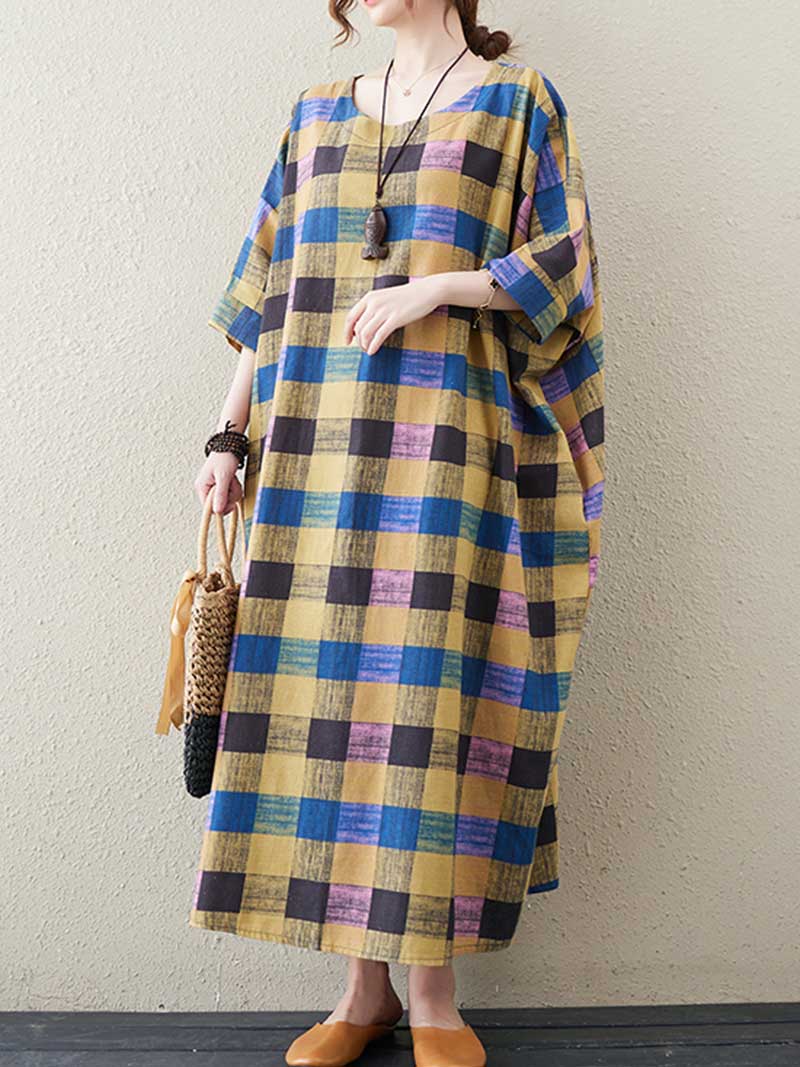Plaid Bat Sleeve Midi Dress