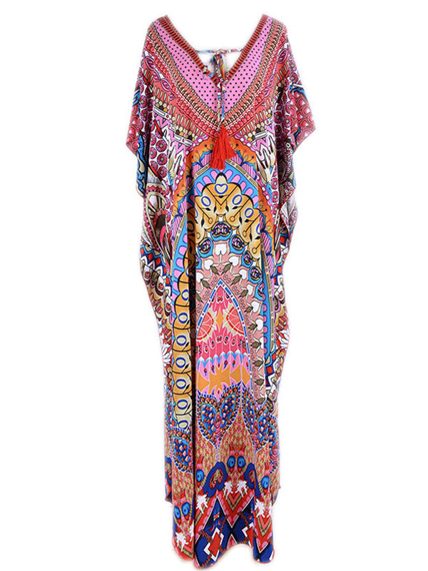 Deep V Neck Tassel Tie Ethnic Print Kimono Sleeve Side Slit Caftan Maxi Dress