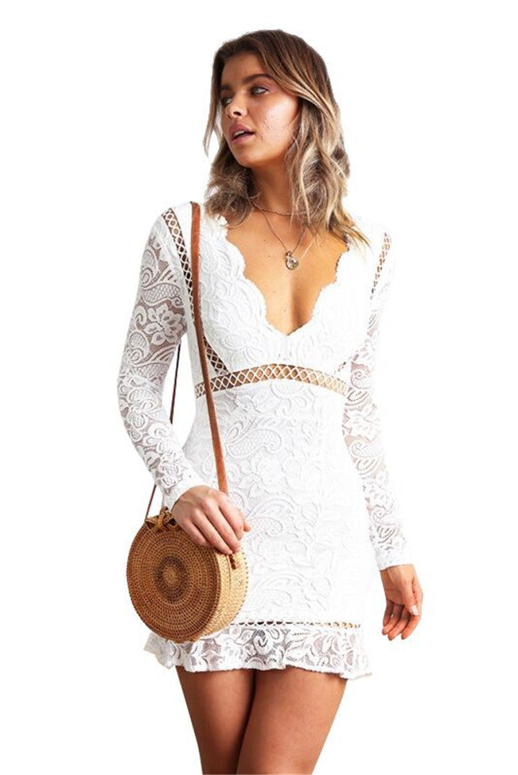 Lace Paisley V-Neck Long Sleeve Lattice Trim Ruffle Hem Mini Dress