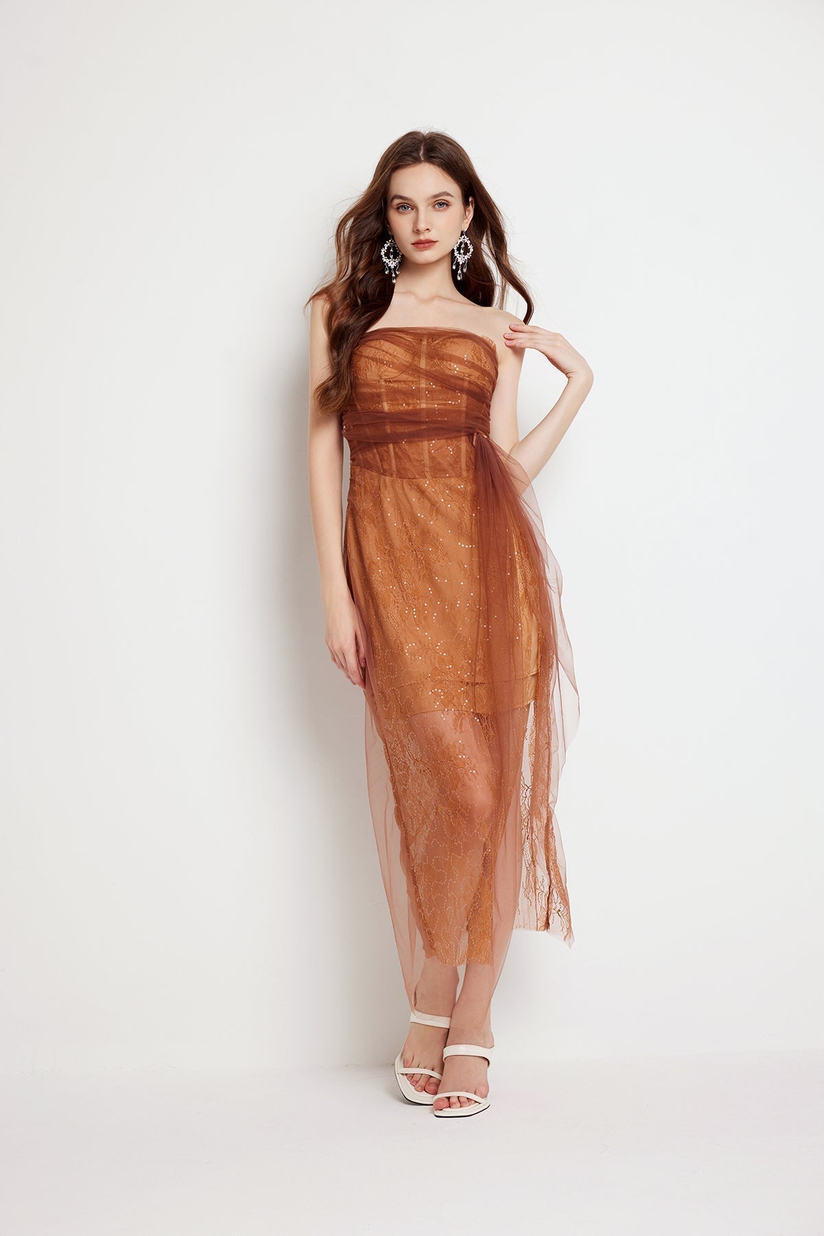 Fishbone Lace Gauze High Slit Bodycon Midi Dress
