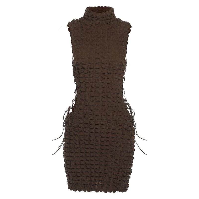 Mock Neck Sleeveless Popcorn Knit Side Lace-Up Cutout Mini Dress