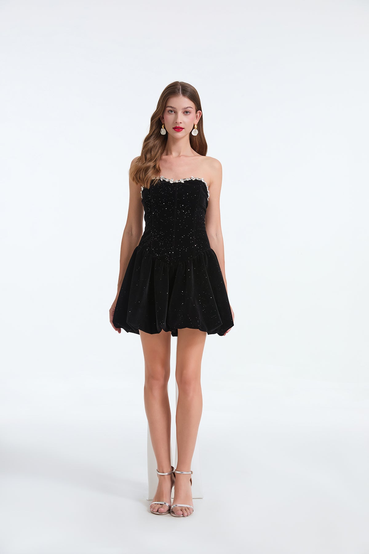 Pearl Trim Strapless Corset Bubble Skirt Long Sash Mini Dress