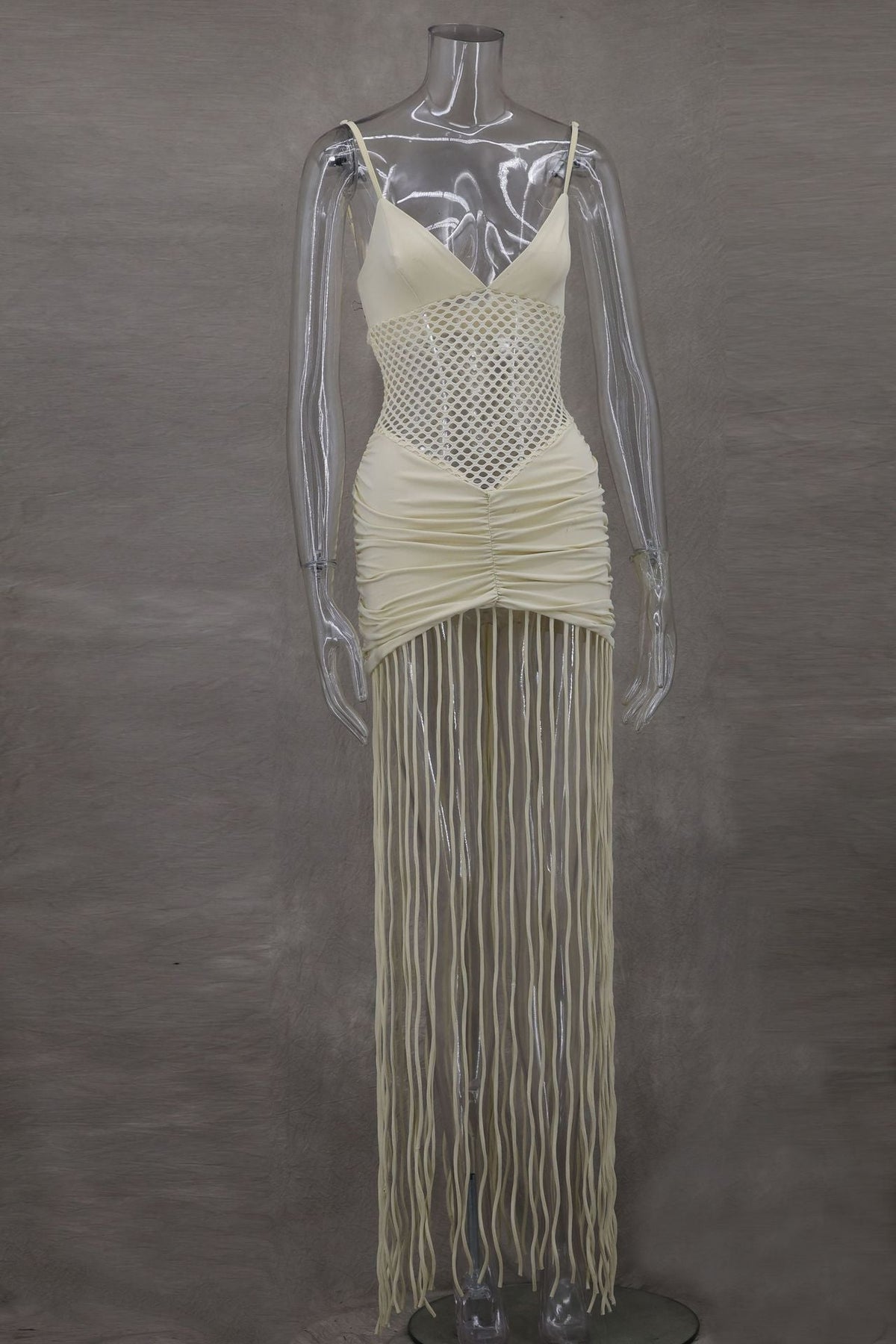 Spaghetti Strap V-Neck Mesh Panel Ruched Fringe Hem Maxi Dress