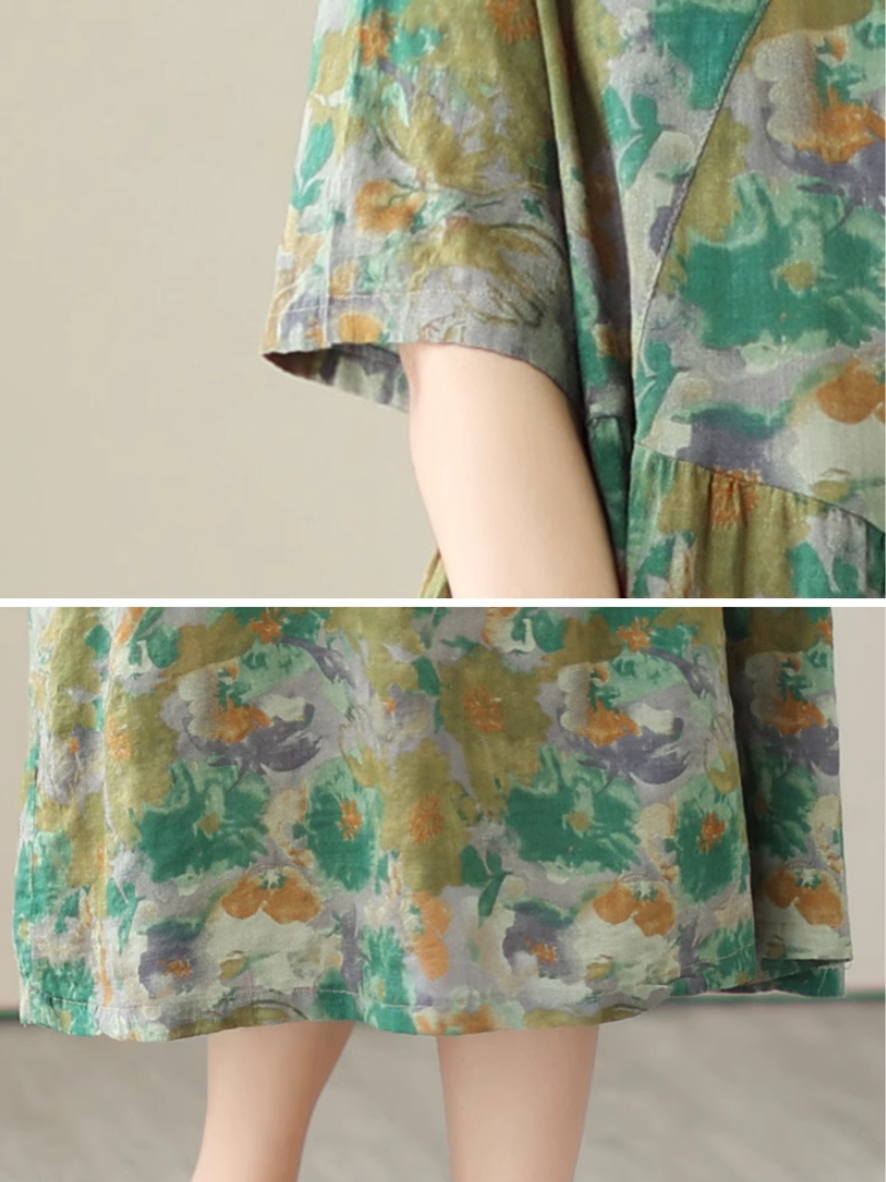 Round Neck Short Sleeve Abstract Watercolor Diagonal Gathered Midi Dress