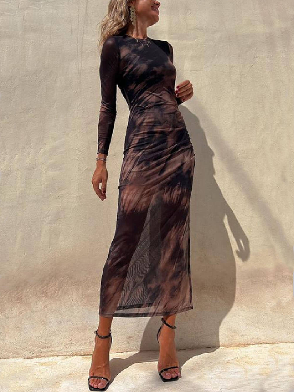 High Crew Neck Long Sleeve Abstract Marble Tie Dye Slit Maxi Dress