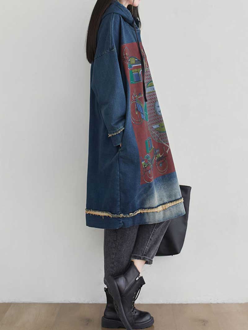 Hooded Drawstring Frayed Hem Graphic Print Oversized Sweatshirt Midi Dress