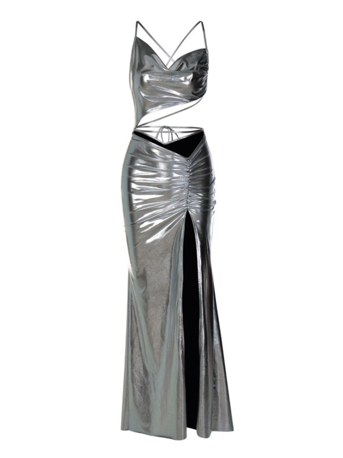 One Shoulder Cutout Metallic Ruched Column Maxi Dress