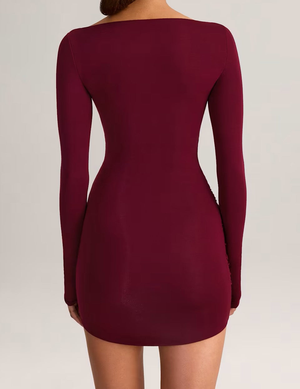 Boat Neck Long Sleeve Ruched Gathered Skirt Mini Dress