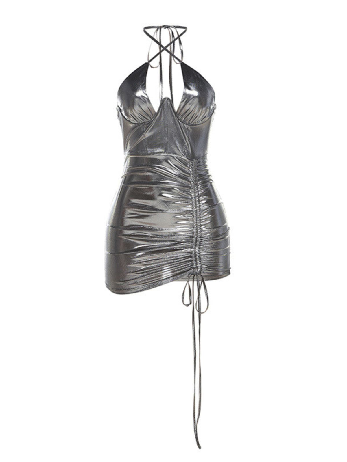 Mock Neck Metallic Ruched Bandage Bodycon Mini Dress
