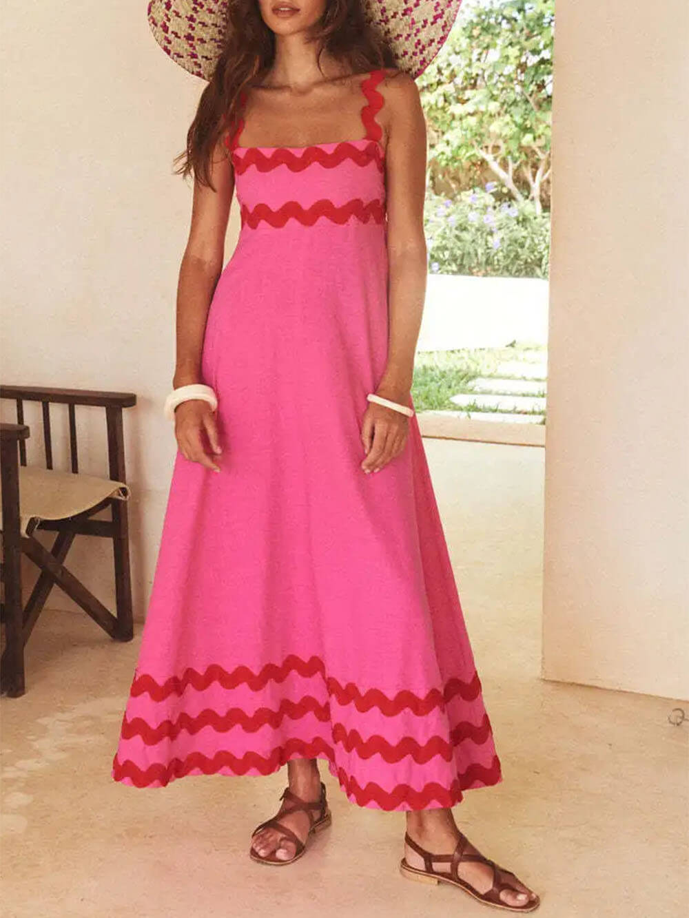 Ric Rac Trim Square Neck Spaghetti Strap Maxi Dress