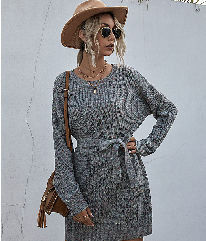 Rib Knit Long Batwing Sleeve Self Tie Belt Mini Sweater Dress