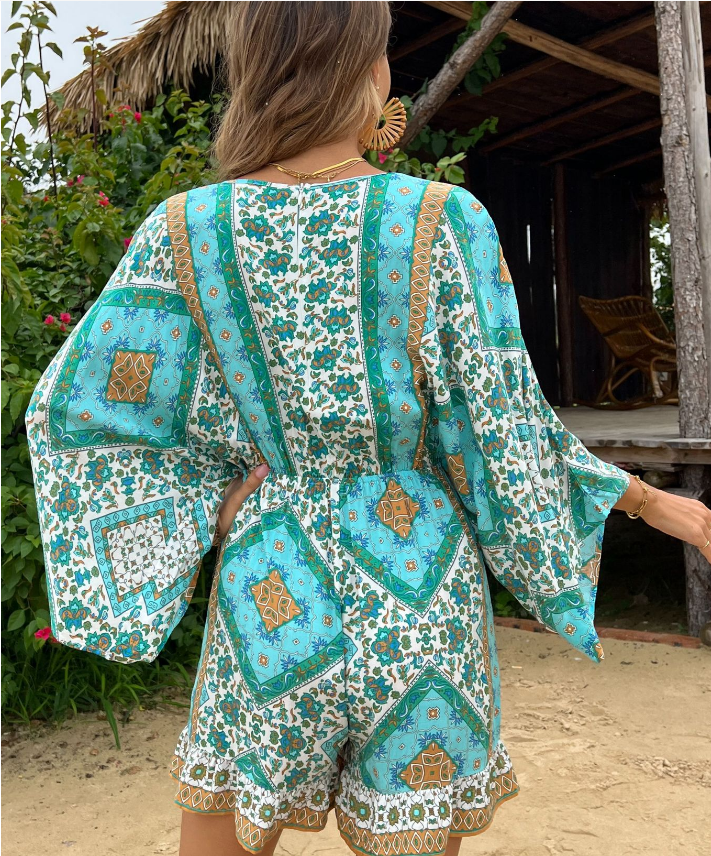 Deep V Neck Kimono Sleeve Drawstring Waist Mosaic Print Mini Dress