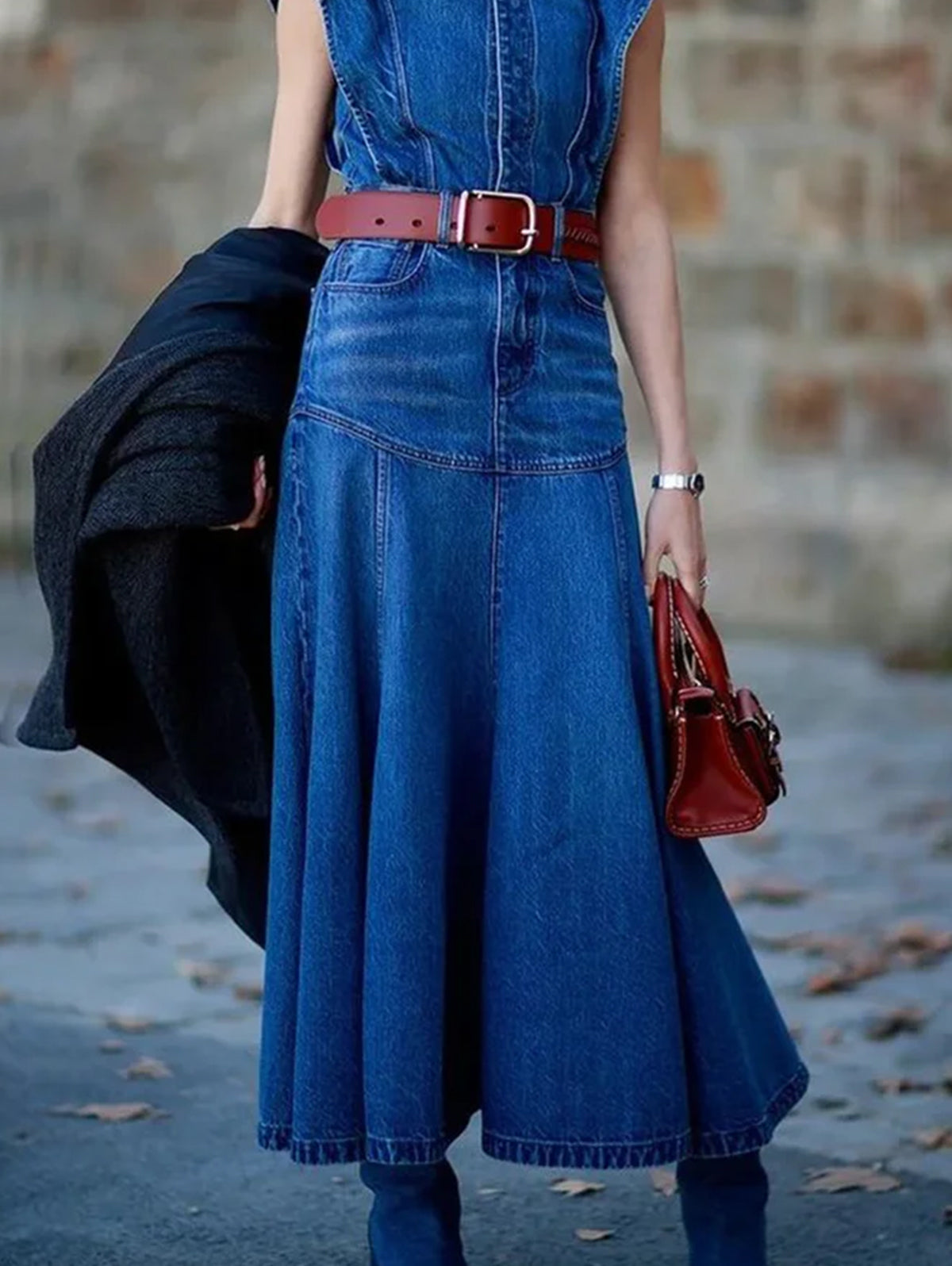 Round Neck Flutter Shoulder Paneled Seam A Line Denim Dress