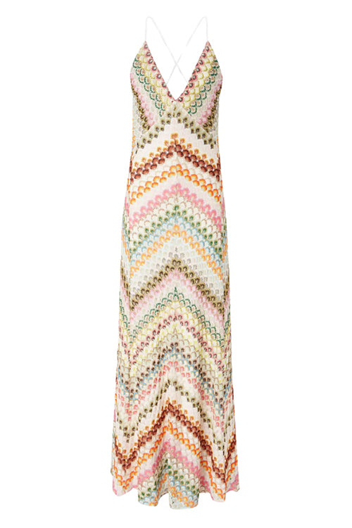 V Neck Open Back Colorful Print Maxi Dress