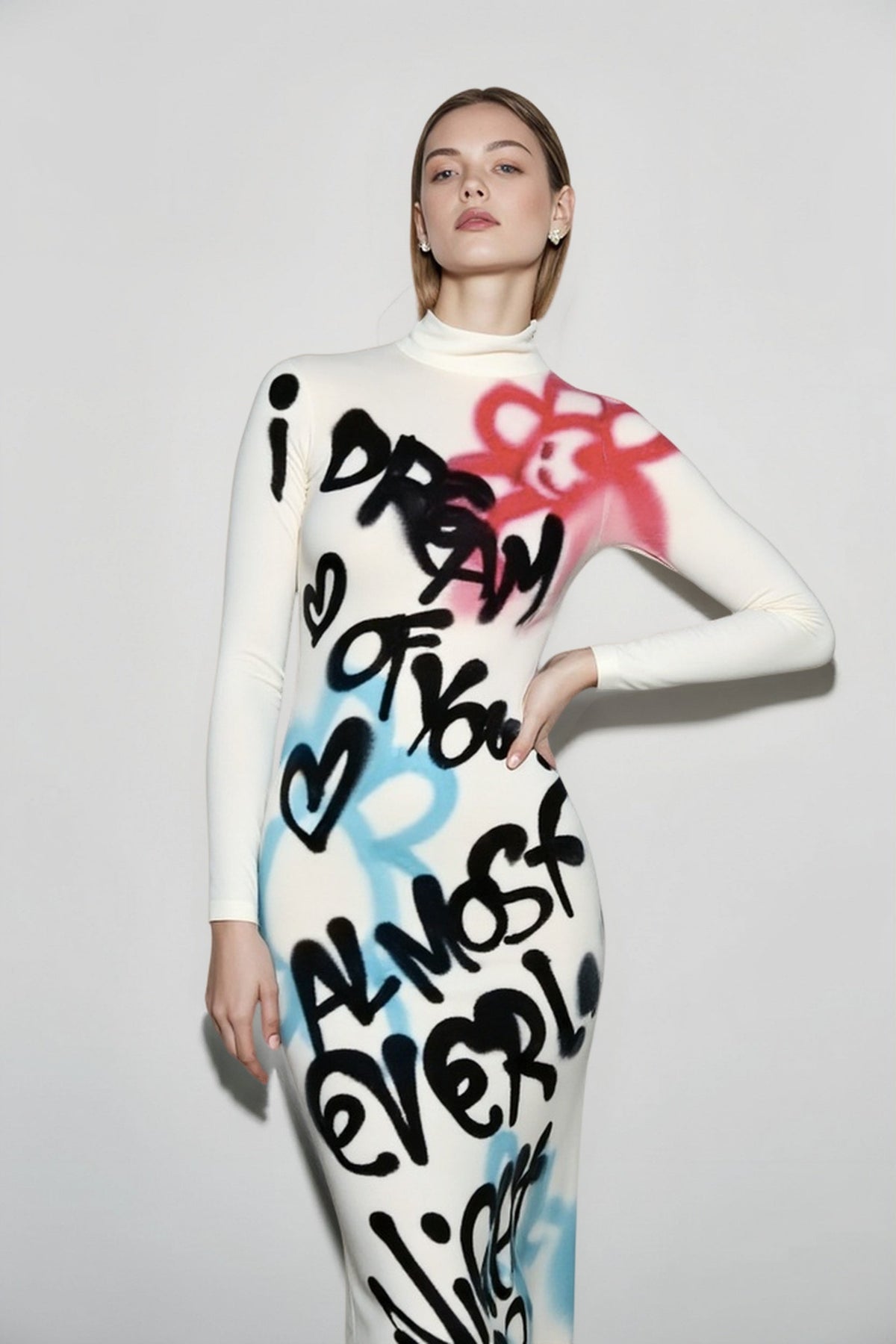 Mock Neck Long Sleeve Graffiti Print Maxi Dress