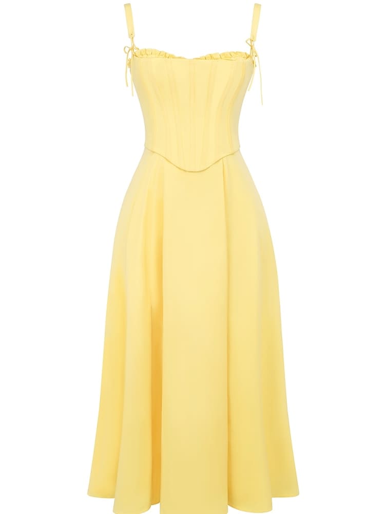 Off Shoulder Sweetheart Corset Ruffle Bodice High Slit Maxi Dress