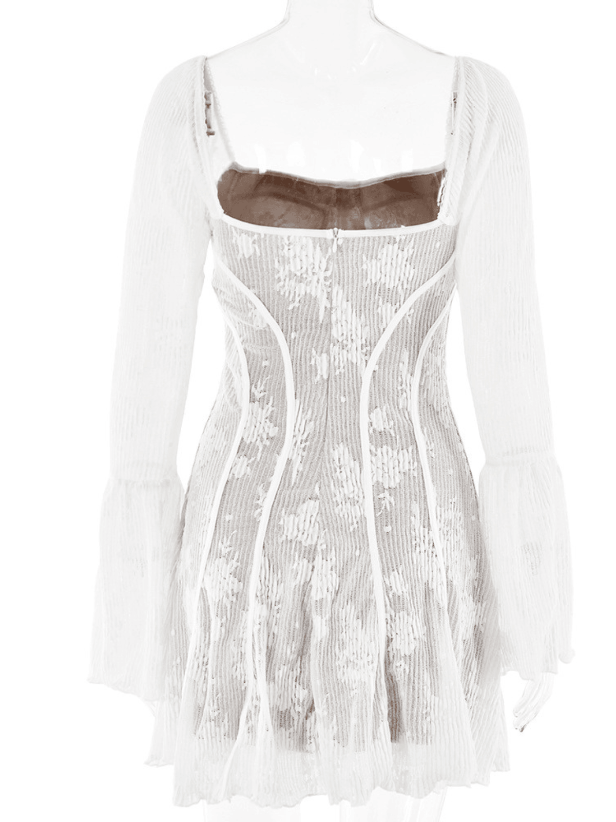 Square Neck Tie Front Long Sleeve Bell Cuff Floral Lace Mini Dress