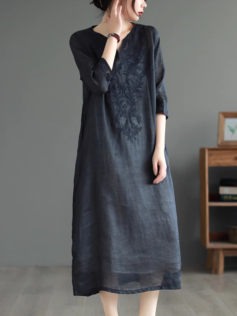 V Neck Long Sleeve Embroidered Floral Linen Midi Dress