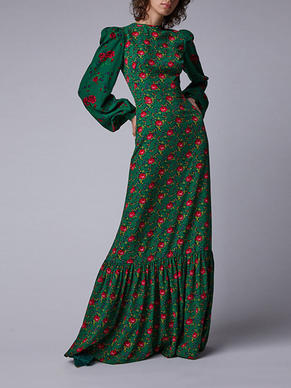 Puff Sleeve Floral Print Tiered Hem Maxi Dress