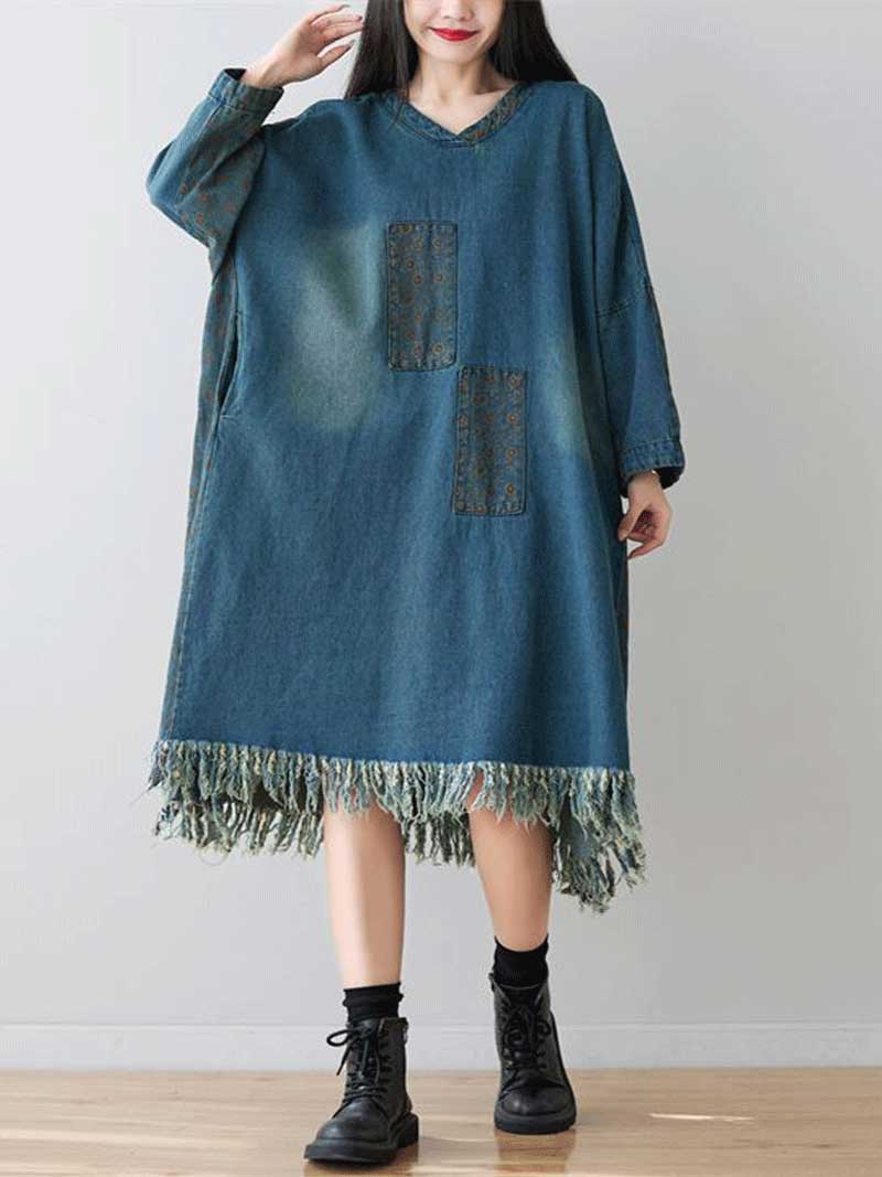Square Neck Denim Patchwork Pocket Midi Dress
