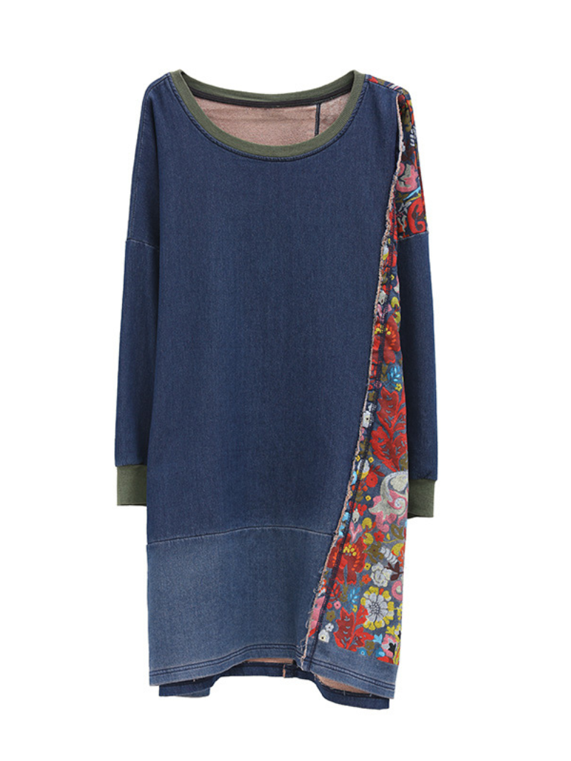 Scoop Neck Floral Panel Oversized Denim Tunic Dress