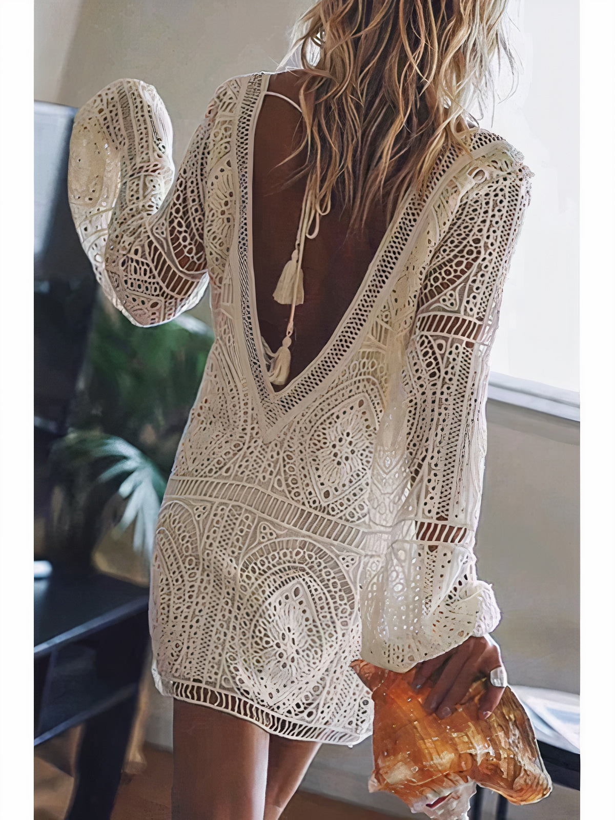 Deep V Plunging Crochet Lace Long Sleeve Beach Mini Dress