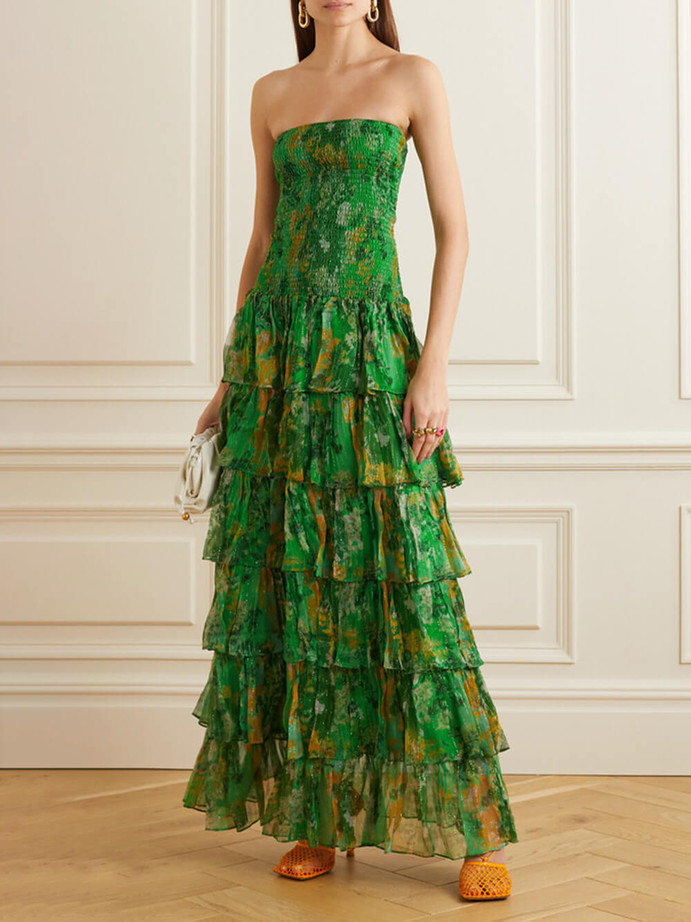 Strapless Smocked Tiered Ruffle Floral Print Maxi Dress