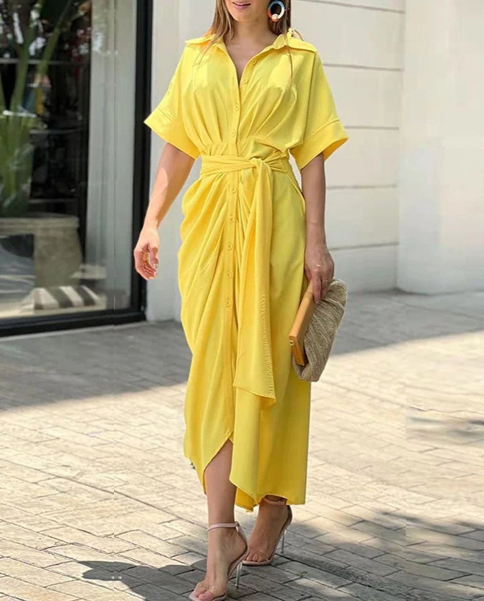 Collar Button Front Tie Waist Wrap Hem Maxi Shirt Dress