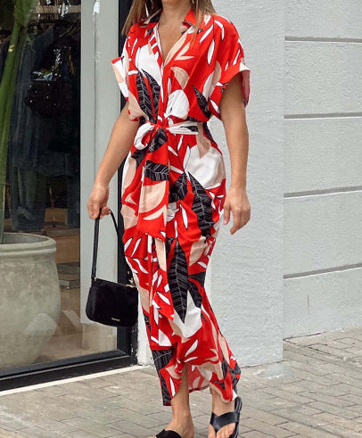 V Neck Collar Tropical Leaf Print Tie Waist Maxi Shirt Dress